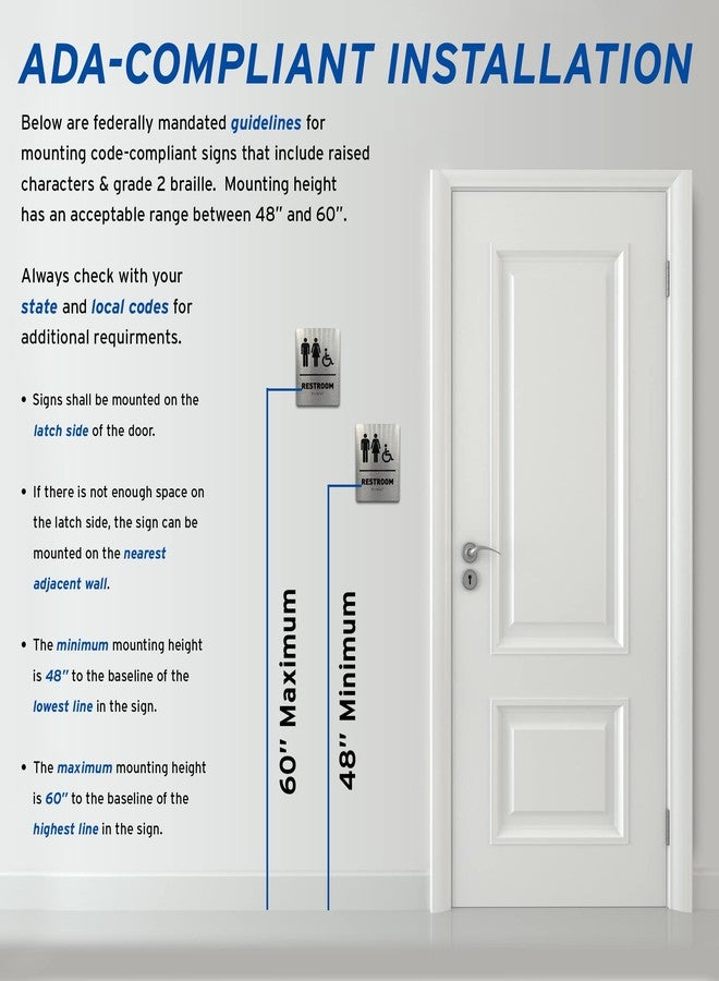 جي دي أس أركتيكتشورال ساينج سوليوشنز لافتة حمام للجنسين/للمستخدمين ذوي الاحتياجات الخاصة من GDS - متوافقة مع معايير ADA، مناسبة للكراسي المتحركة، رموز بارزة، وكتابة برايل من الدرجة الثانية - تتضمن شرائط لاصقة لسهولة التركيب - لافتات حمامات للمنشآت التجارية، لافتة دورة مياه، لافتات دورات مياه للمنشآت التجارية - 6 بوصات عرض × 8 بوصات ارتفاع (ألومنيوم مصقول) - صنع في الولايات المتحدة الأمريكية - Image 3
