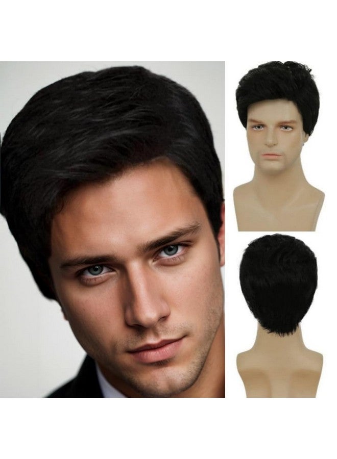 Swiking Mens Short Black Wig Natural Looking Synthetic Full Hair Wigs for Male Daily Party Costume Wig (Black) - Image 1