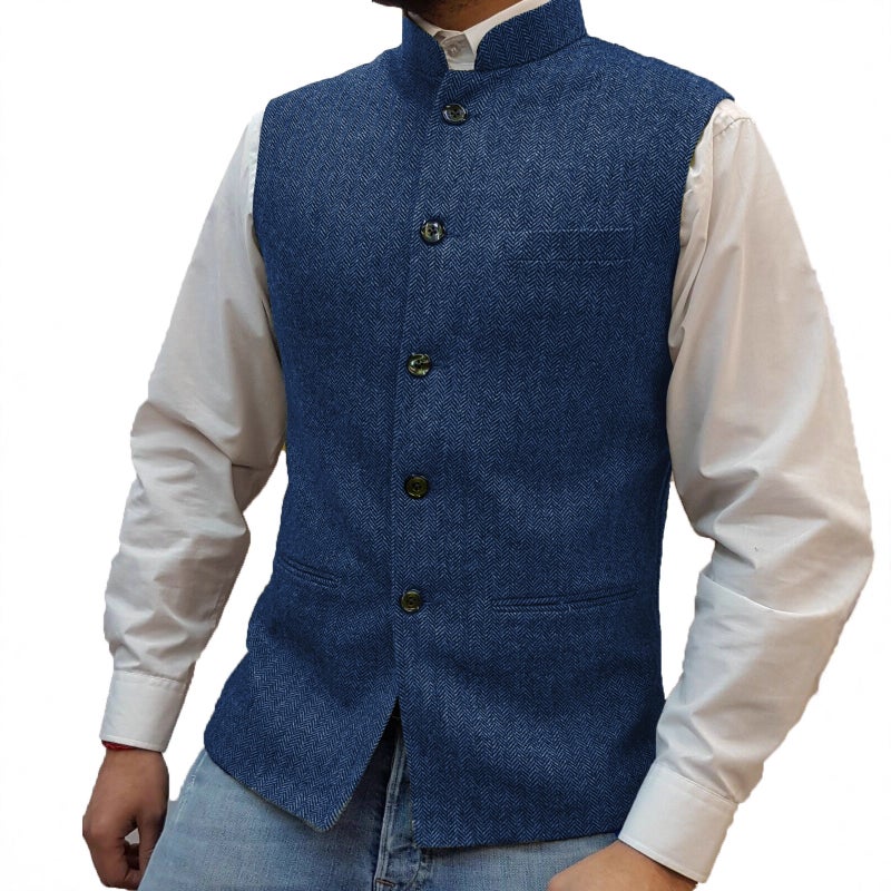general Men's Stand Collar Herringbone Pattern Vest Slim Fit Polyester Fiber Blend - Image 3