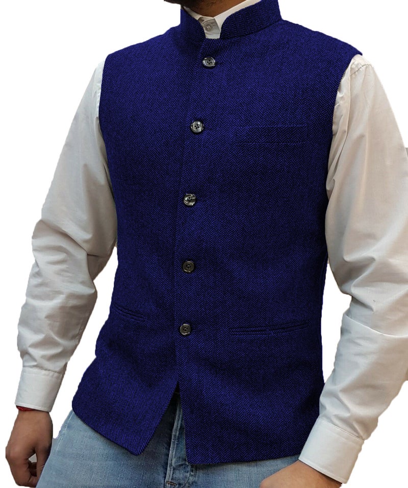 general Men's Stand Collar Herringbone Pattern Vest Slim Fit Polyester Fiber Blend - Image 1