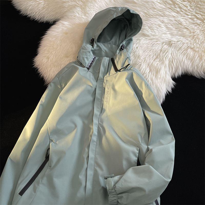 New American Style Waterproof Charge Clothes Mens Japanese Style Couples Functional Style Work Jacket with Vertical Collar Student Hooded Jacket C002 green waterproof [high quality]] 