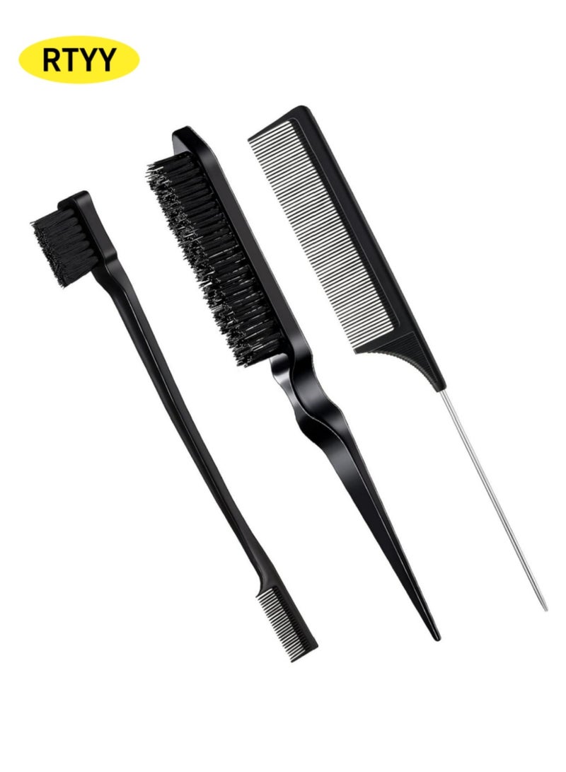 RTYY 3 Pcs Slick Brush Set Bristle Hair Brush Teasing Comb Edge Hair Brush Grooming Combs Sturdy Rat Tail Comb for Women Babies Kids' Hair (Black) - Image 1