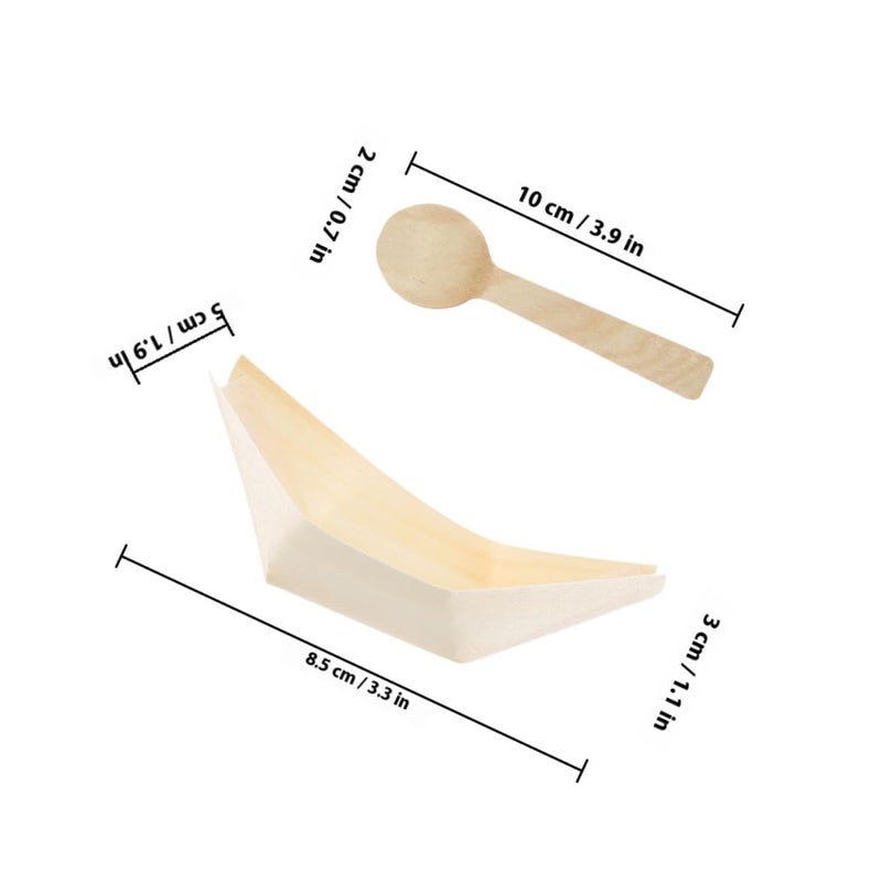 Disposable Pine Wood Sushi Boat Plates 3 Inch Tray with Spoons 100pcs Set for Party Catering - Image 3