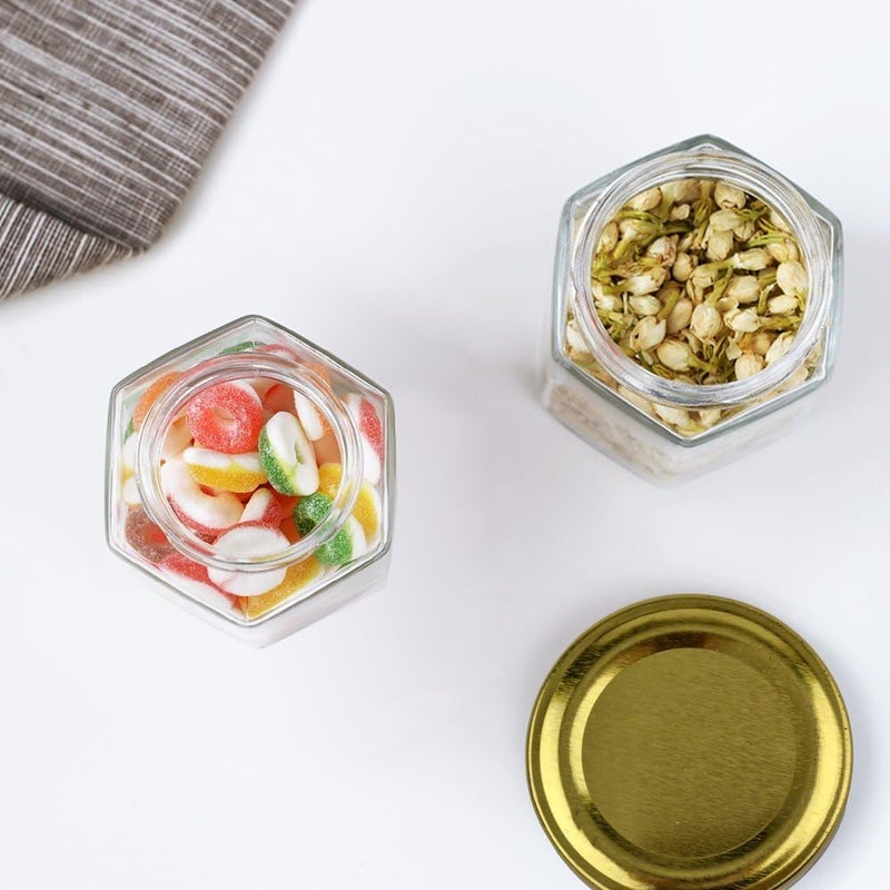 KRIVAL 250 ml Hexagonal Glass Jars with Gold Lids Glass Jar Container With Rust Free Air Tight Lid Mason Jars for Jam Jelly Honey Gifts Crafts Wedding Spice Dry Goods and More 6 - Image 3