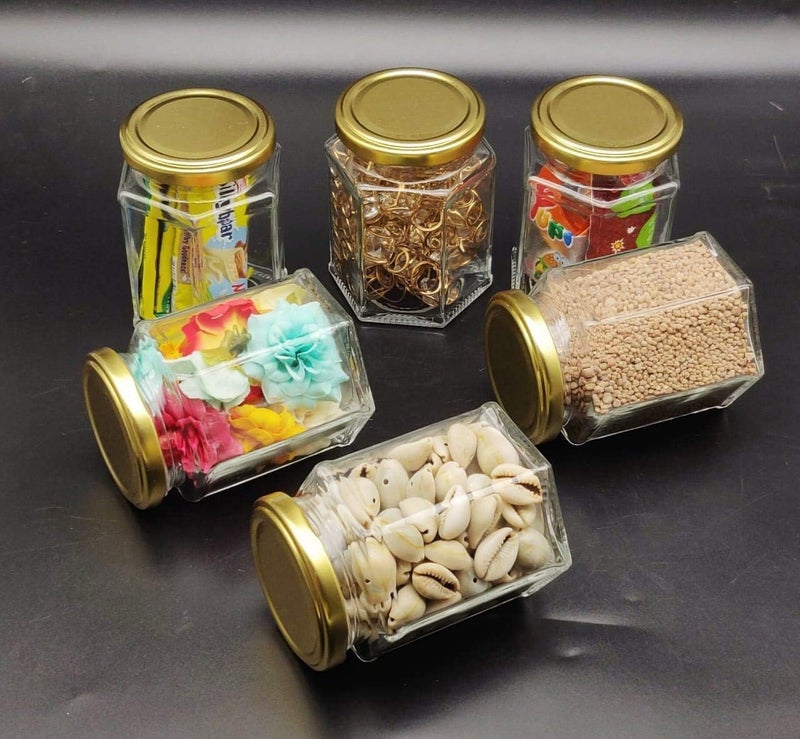 KRIVAL 250 ml Hexagonal Glass Jars with Gold Lids Glass Jar Container With Rust Free Air Tight Lid Mason Jars for Jam Jelly Honey Gifts Crafts Wedding Spice Dry Goods and More 6 - Image 2