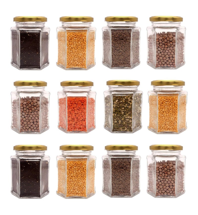 KRIVAL 250 ml Hexagonal Glass Jars with Gold Lids Glass Jar Container With Rust Free Air Tight Lid Mason Jars for Jam Jelly Honey Gifts Crafts Wedding Spice Dry Goods and More 6 - Image 1