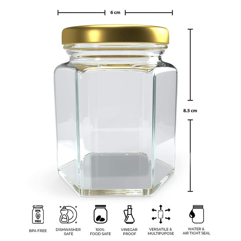 KRIVAL 250 ml Hexagonal Glass Jars with Gold Lids Glass Jar Container With Rust Free Air Tight Lid Mason Jars for Jam Jelly Honey Gifts Crafts Wedding Spice Dry Goods and More 6 - Image 5