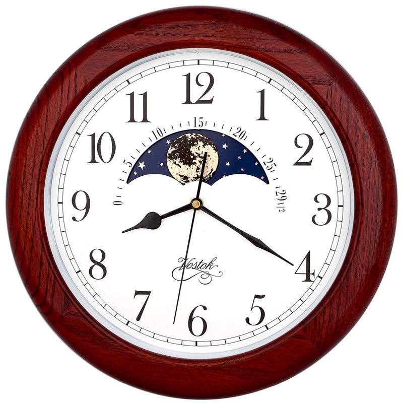 JUSTIME 14 Inch Exclusive Solid Oak Wood NonTicking Sweep Mechanical Specialty Moon Phase Moving Dial Wall Clock Gift Home Dcor