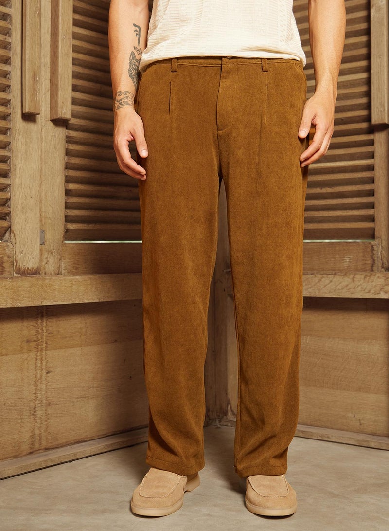 Campus Sutra Men's Russet Brown Corduroy Pleated Trousers  - Image 2