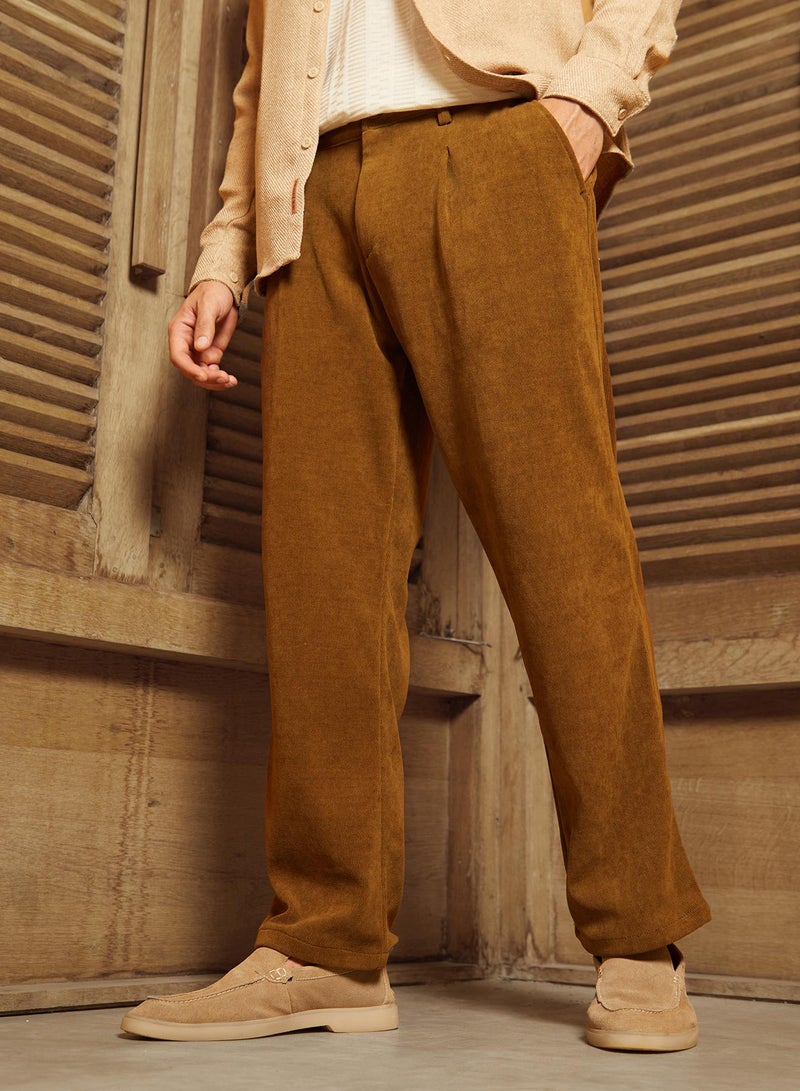 Campus Sutra Men's Russet Brown Corduroy Pleated Trousers  - Image 1