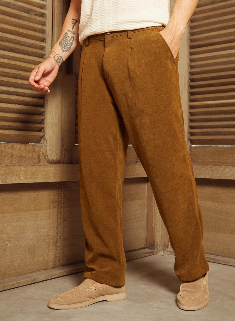 Campus Sutra Men's Russet Brown Corduroy Pleated Trousers  - Image 3