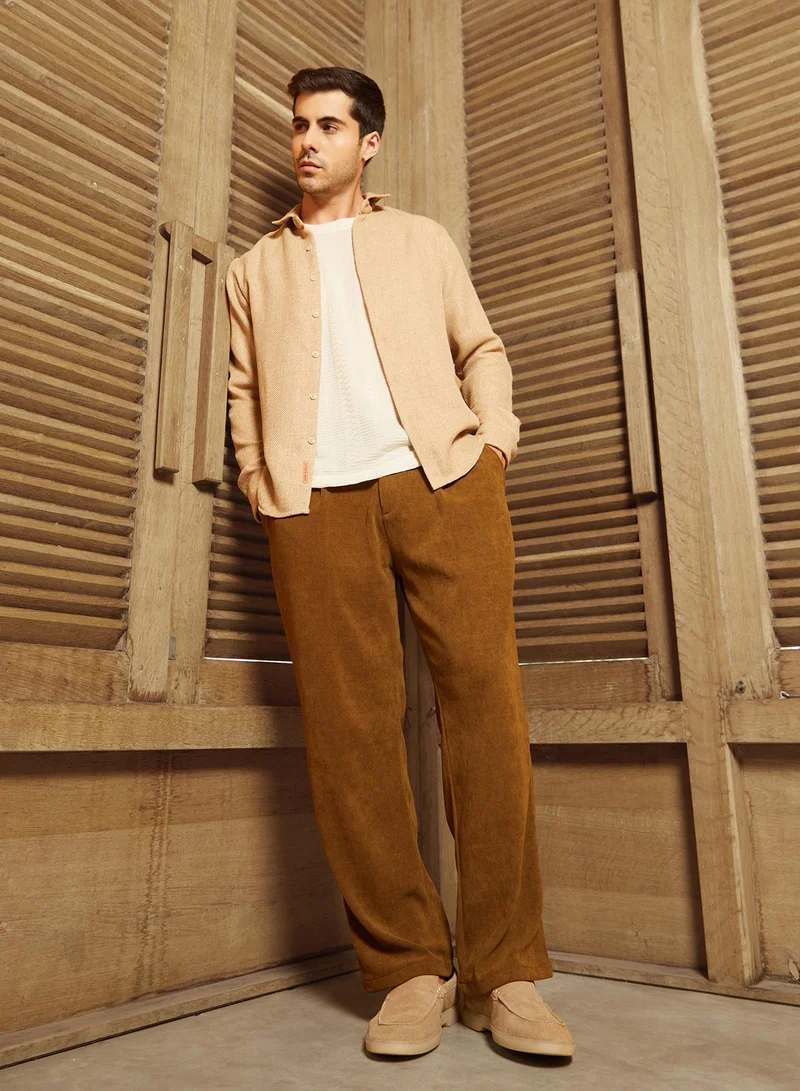 كامبوس سوترا Men's Russet Brown Corduroy Pleated Trousers
