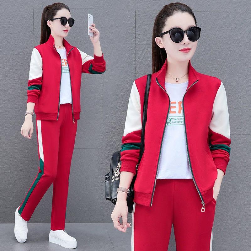 High Cotton three-piece suit fashion casual sports suit womens spring and autumn middle-aged mom Western style contrast color loose square dance wear Gray - Image 5