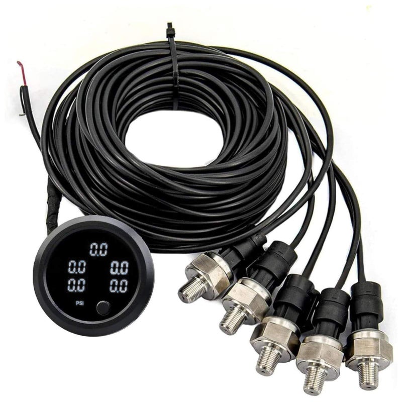 ZHSYMX Car Five White Display Air Suspension Pressur Gauge 2inch 52mm Air Ride Air Pressure Gauge 220PSI with with 5PCS 18NPT Sensors