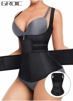 GROIC Waist Trainer for Women Waist Trainer Corset Vest Tummy Slimming Belly  Body Shaper, Double Belt Sauna Workout Trimmer Belts with Zipper and 9 Steel Bones  - Image 1