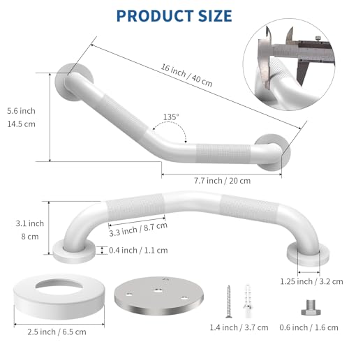Munzong 16 Inch Angled Shower Grab Bar White, Munzong 2 Pack Anti Slip Bathroom Grab Bar, Knurled Bathroom Balance Bar,Safety Hand Rail Support Handicap Elderly Injury Senior Assist Bath Handle-1.25” Tube - Image 2
