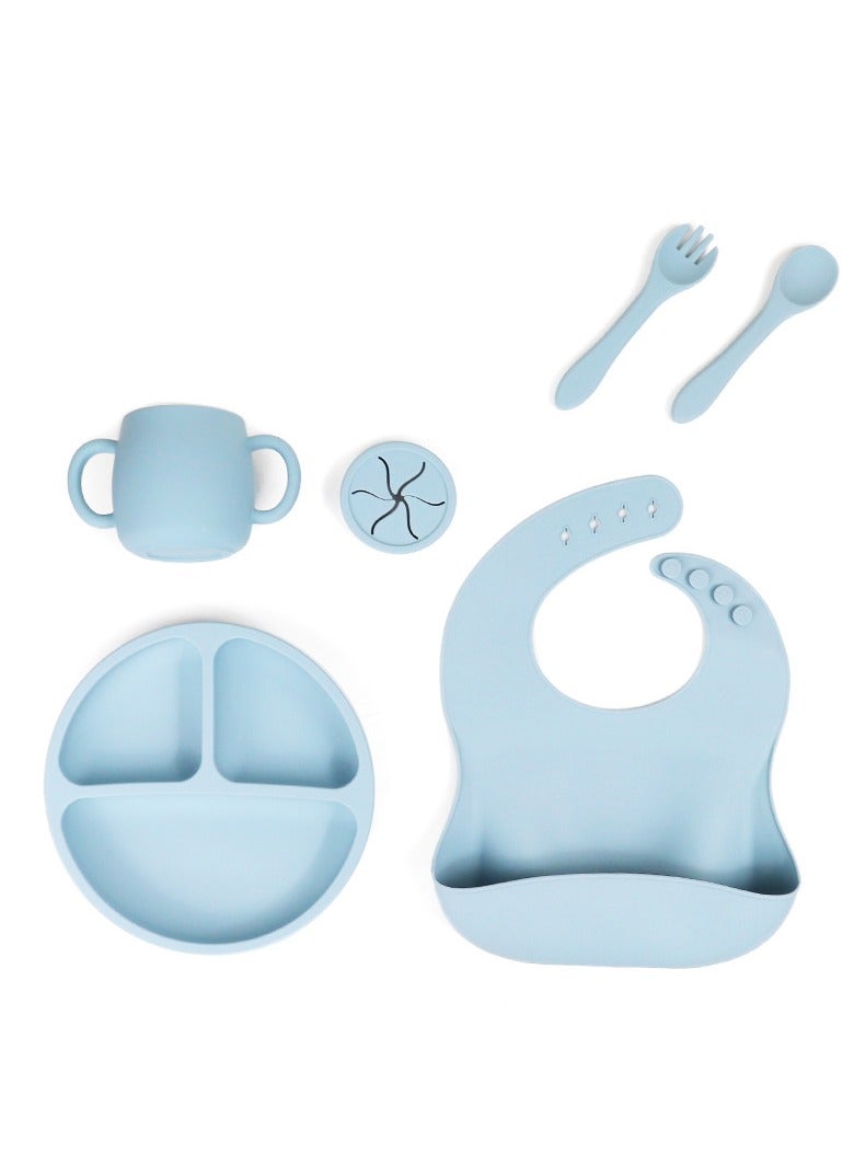 Children's Silicone Tableware Set (Baby Food Tray, Tableware, Tray + Saliva Holder + Fork And Spoon + Water Cup + Lid) Blue Five-Piece set - Image 1