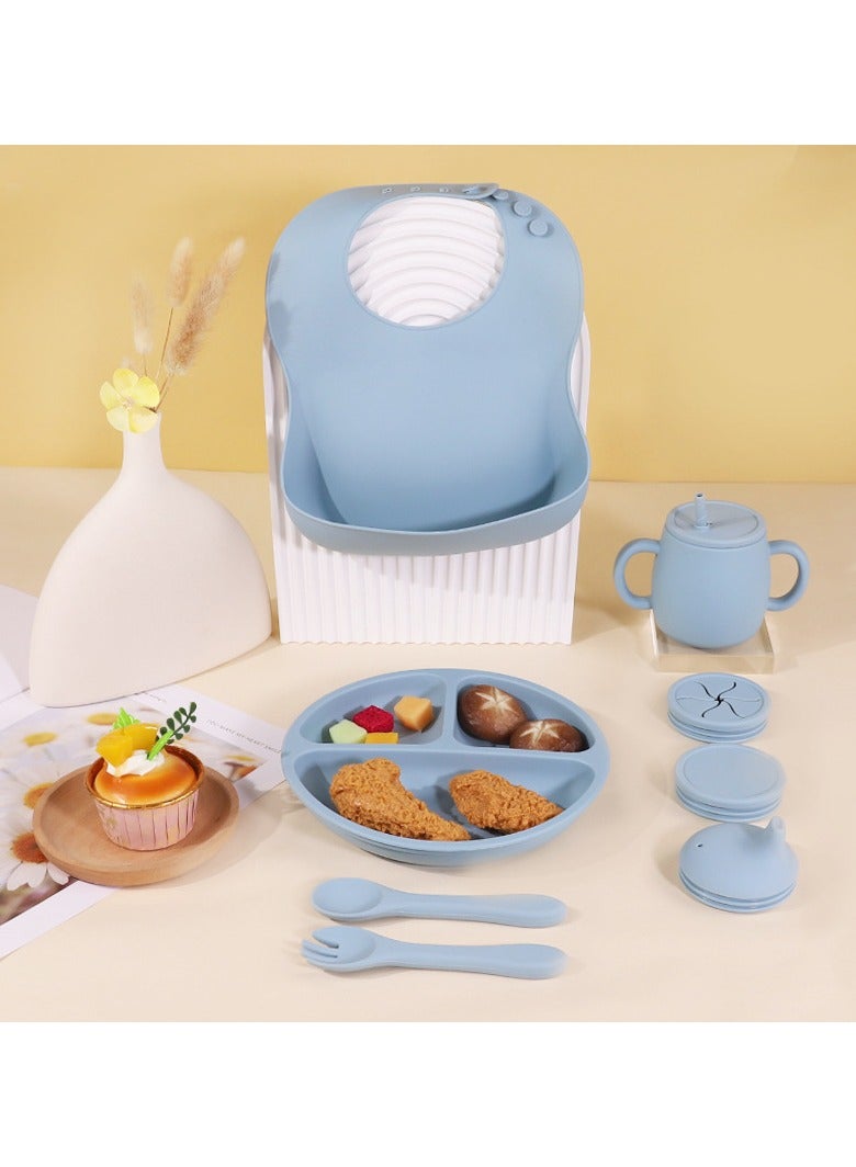 Children's Silicone Tableware Set (Baby Food Tray, Tableware, Tray + Saliva Holder + Fork And Spoon + Water Cup + Lid) Blue Five-Piece set - Image 5