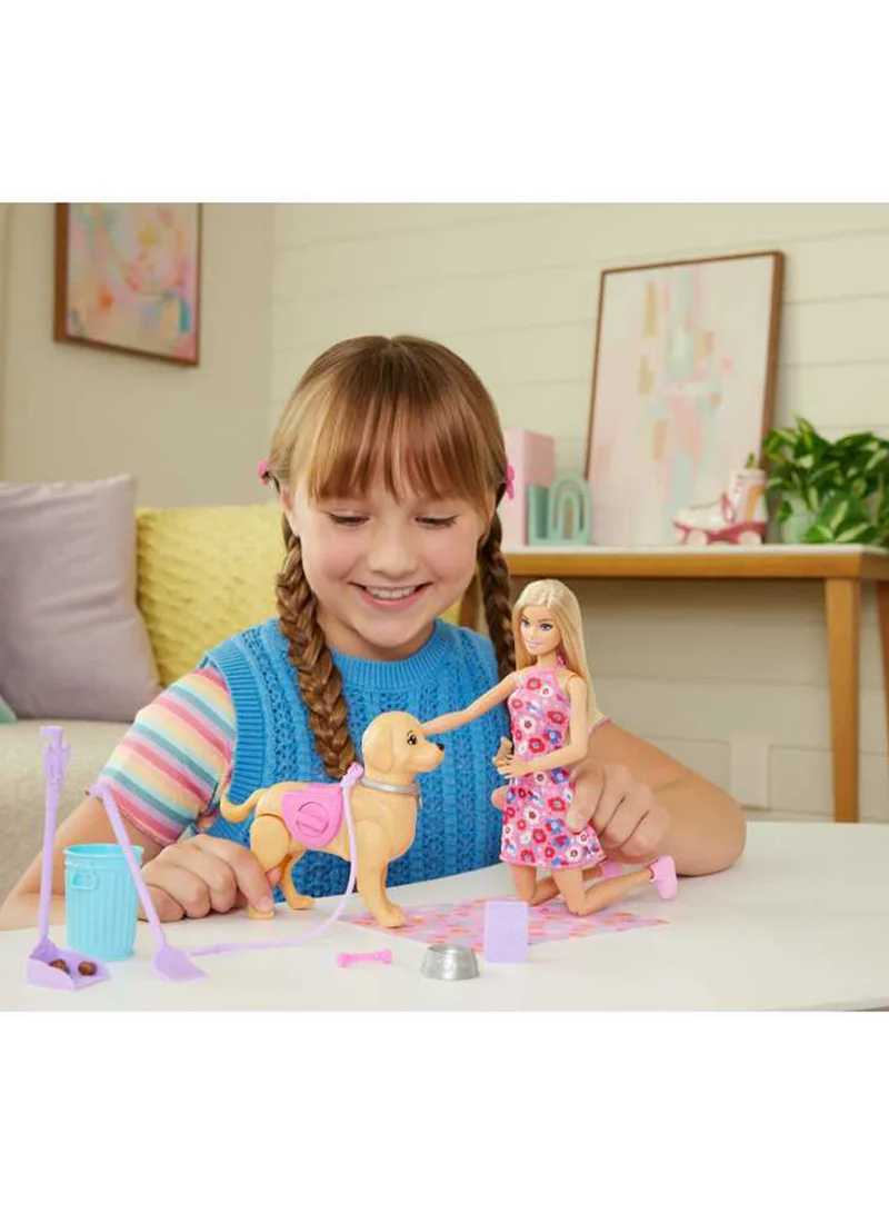 باربي Walk & Potty Pup Toy Set, Includes Toy Dog that Walks & Goes Potty, Barbie “Malibu” Doll, Plus Pooper Scooper & Pet Accessories