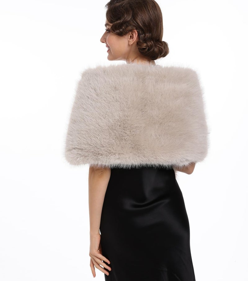 SAFERIN Women Luxurious Large Winter Faux Fur Scarf Wrap Collar Shrug for Lady Poncho Wedding Dinner Party (Shawl-Soild Beige) - Image 2