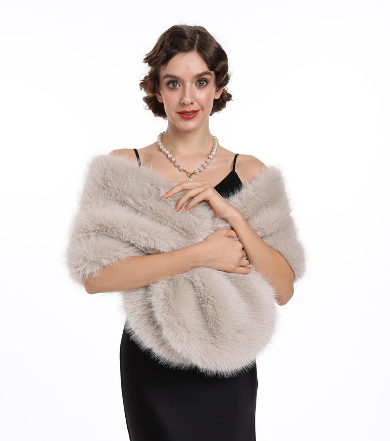 SAFERIN Women Luxurious Large Winter Faux Fur Scarf Wrap Collar Shrug for Lady Poncho Wedding Dinner Party (Shawl-Soild Beige) - Image 1