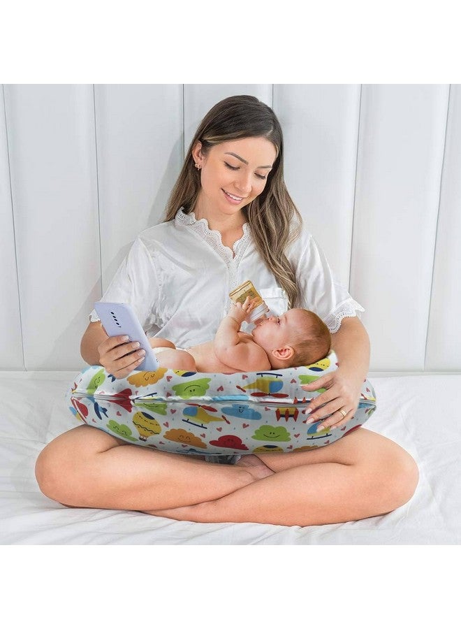Kradyl Kroft 5In1 Baby Feeding Pillow With 100% Cotton Detachable Cover|With Belt&Baby Hoop|Breastfeeding Pillow|Nursing Pillow (Travel Times) Multicolor  - Image 2