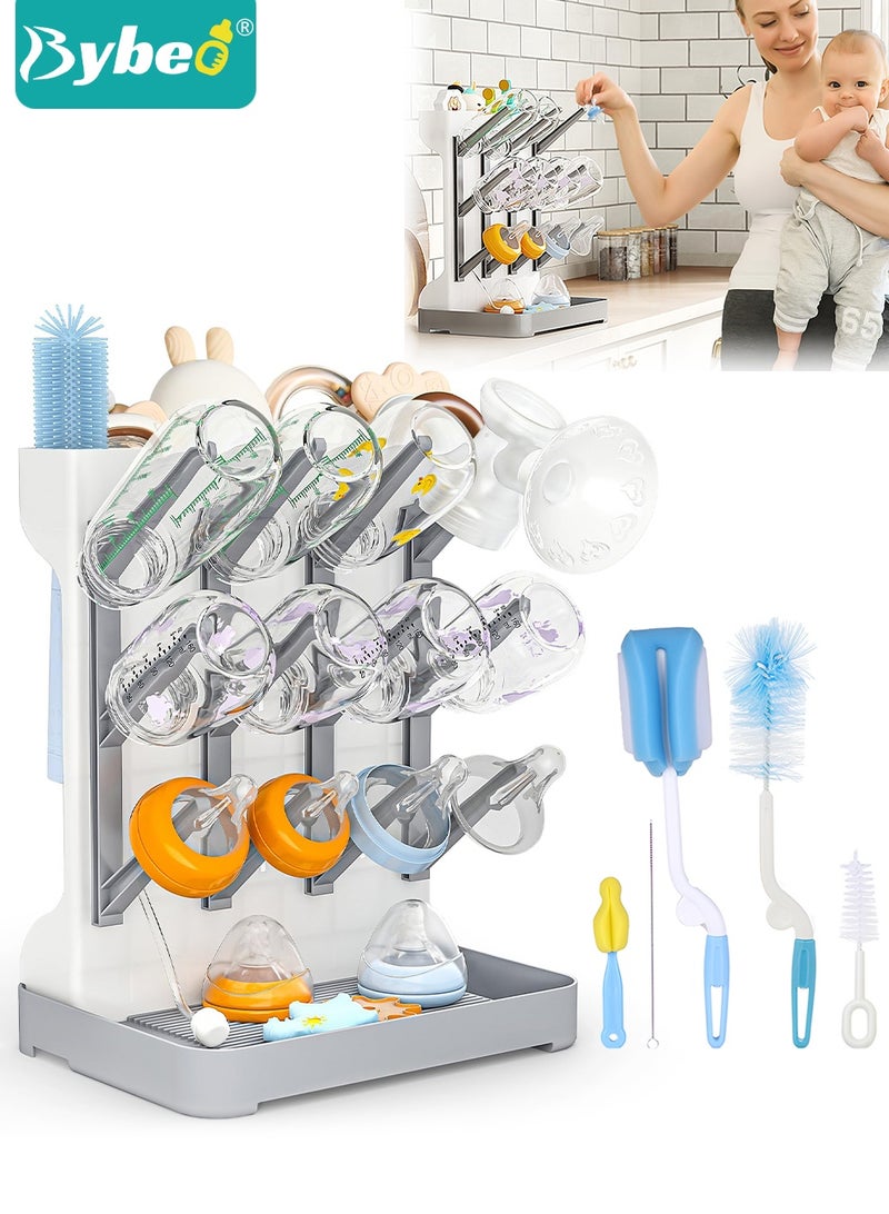 Bybeo Baby Bottle Drying Rack with 12 Hooks, Baby Bottle Rack Dryer +5-Piece Baby Bottle Brush Set, Baby Bottle Cleaning Set, Baby Bottle Organizer for Bottles, Brushes,Pacifiers - Image 1
