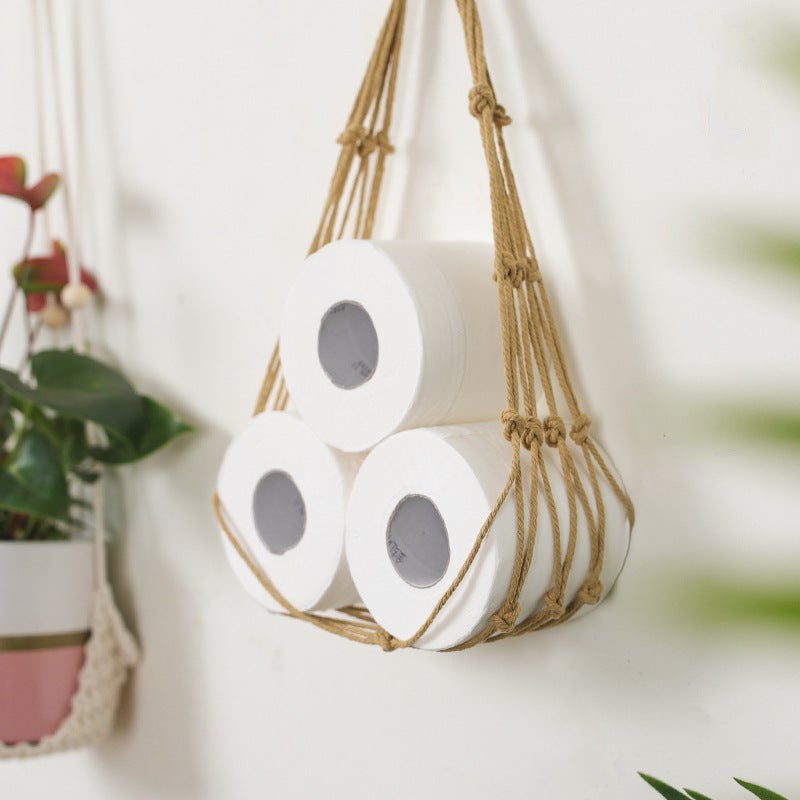 Household Toilet Paper Roll Paper Storage Hand-Woven Toilet Bathroom Cotton Rope Paper Towel Net Pocket - Image 2