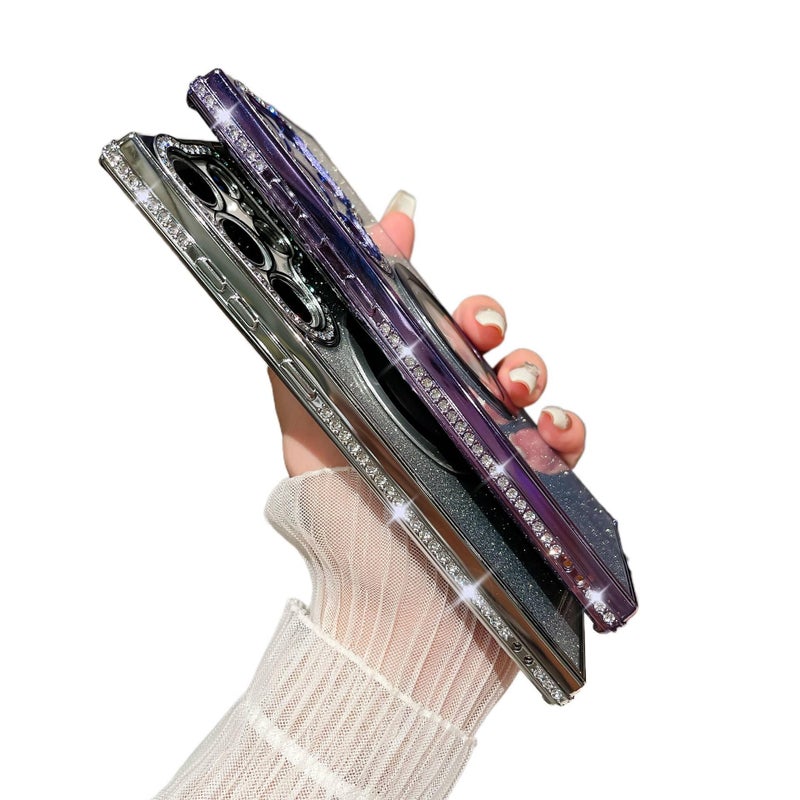 غطاء MagSafe بTPU باللون أزرق مغناطيسي بتفاصيل مرصعة من مادة TPU لـ Samsung Galaxy S24 مع حماية من السقوط ومغناطيس قوي مع مقاوم للصدمات مع تدرج لامع مع كريستال راينستون - Image 4