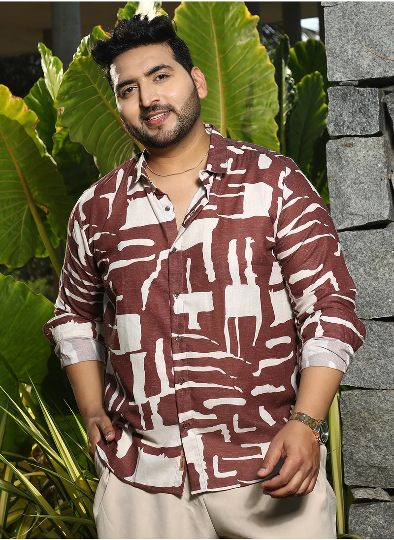 انستافاب بلس Instafab Plus Men's Ivory White & Chocolate Brown Abstructural Shirt For Casual Wear | Spread Collar | Long Sleeves | Button Closure | Plus Size Shirt Crafted With Comfort Fit For Everyday Wear