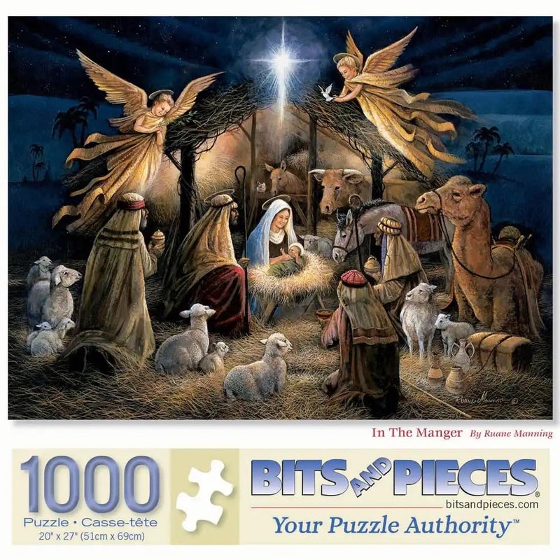 Bits and Pieces  in The Manger Jigsaw Puzzle for Adults  Nativity Scene Christmas Puzzle by Artist Ruane Manning  Religious Puzzle with Mary Joseph and Baby Jesus 1000 Piece Puzzle 20 x 27 - Image 2
