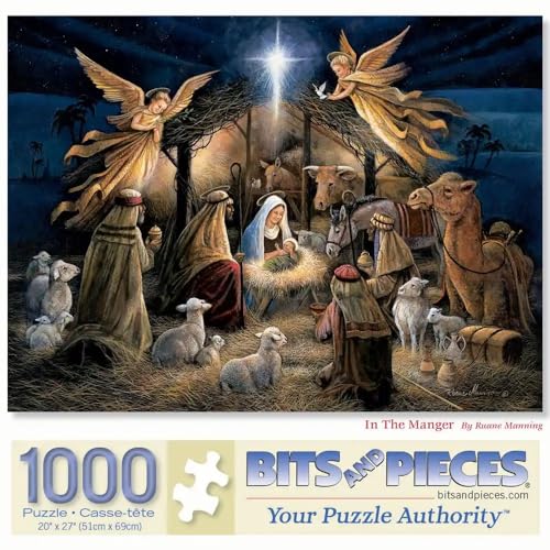 Bits and Pieces  in The Manger Jigsaw Puzzle for Adults  Nativity Scene Christmas Puzzle by Artist Ruane Manning  Religious Puzzle with Mary Joseph and Baby Jesus 1000 Piece Puzzle 20 x 27 - Image 1
