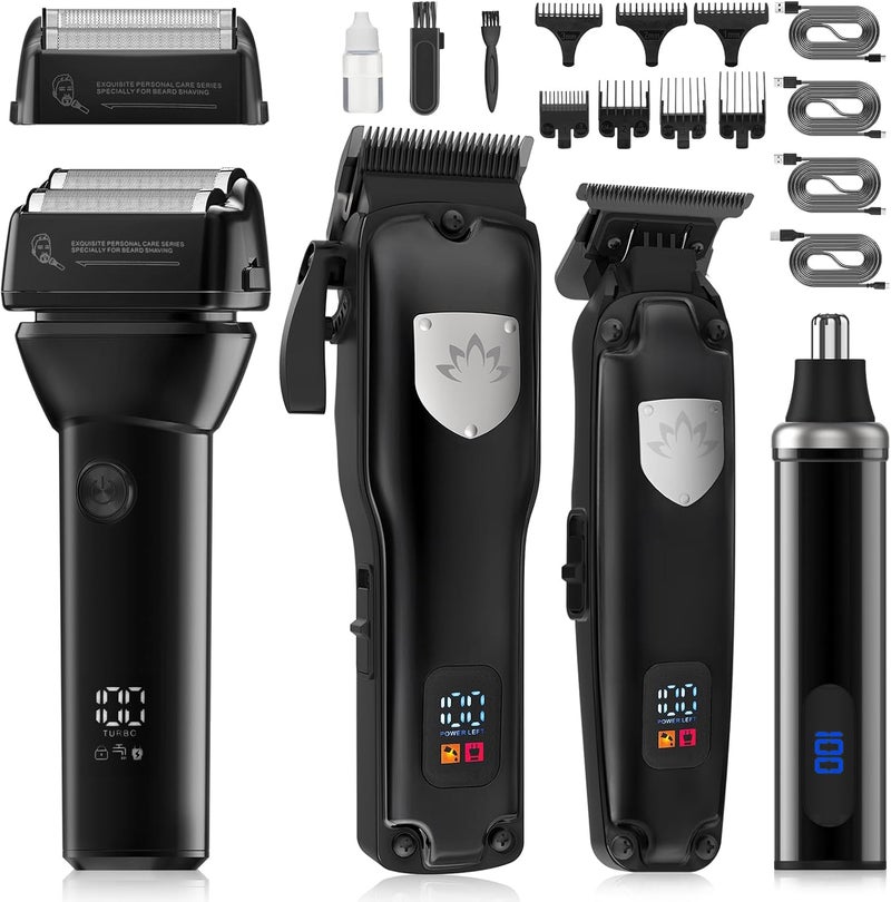 4 in 1 Hair Clippers for Men Professional TBlade Trimmer Electric Foil Shaver Nose Hair Trimmer Cordless LCD Display Grooming KitBlack