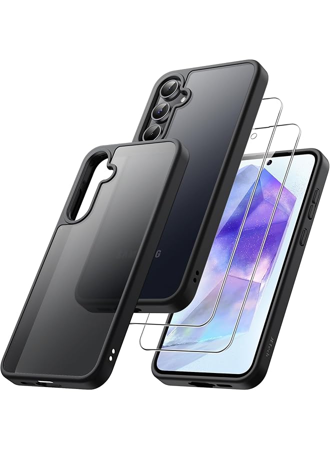 جي تيك جراب غير لامع 3 في 1 لهاتف Samsung Galaxy A55 5G مع قطعتين من واقي الشاشة الزجاجي المقوى وغطاء شفاف مقاوم للصدمات لهاتف مع حماية للكاميرا باللون الأسود - Image 1