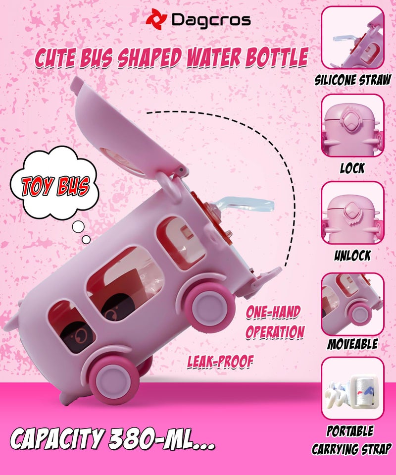 Dagcros Cute Panda Bus Shaped Water Bottle for Kids – 380ml Leak-Proof Bottle with Silicone Straw, Lock Lid, Portable Strap & Movable Wheels – Fun School Sipper for Boys & Girls - Image 3