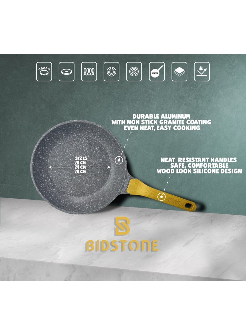 Bidstone 24cm Granite Frying Pan – 1.7 L Nonstick Saute Pan with Stay-Cool Handle & Hanging Loop – Multi-Layer Coating (Grey) - Image 1
