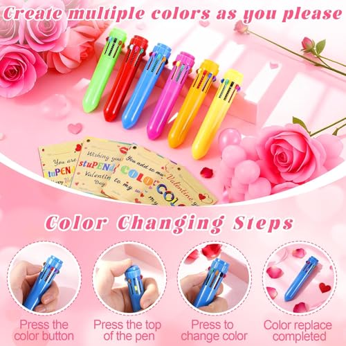 TOHONGADON 24 Set Retractable Multicolor Pen with Valentines Day Cards, Included 24 Pcs 0.5mm 10-in-1 Multicolor Ballpoint Pen for Kids, 24 Pcs Wooden Valentine Tags for Office Students Valentine Gifts - Image 4