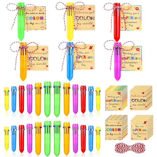 TOHONGADON 24 Set Retractable Multicolor Pen with Valentines Day Cards, Included 24 Pcs 0.5mm 10-in-1 Multicolor Ballpoint Pen for Kids, 24 Pcs Wooden Valentine Tags for Office Students Valentine Gifts - Image 1