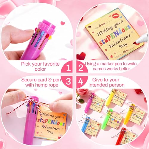 TOHONGADON 24 Set Retractable Multicolor Pen with Valentines Day Cards, Included 24 Pcs 0.5mm 10-in-1 Multicolor Ballpoint Pen for Kids, 24 Pcs Wooden Valentine Tags for Office Students Valentine Gifts - Image 3