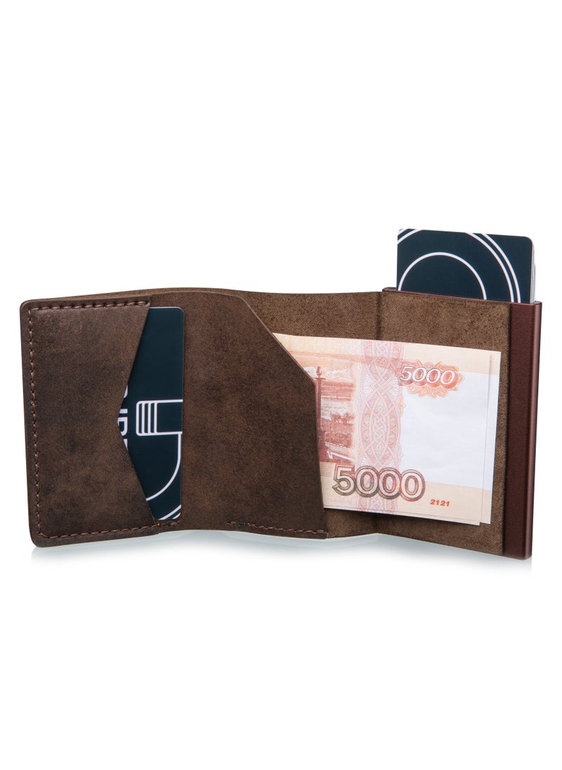 Generic CardGo Leather Wallet Dark Brown Stylish handcrafted RFID-protected slim cardholder with quick-access mechanism, premium leather, compact design, and gift packaging  - Image 1