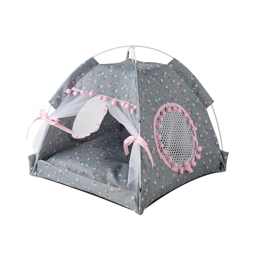 Selena Cat Bed Tents Dog House Indoor Outdoor Lace Mesh Breathable Windows Door Curtains Removable Portable Nest Teepe House SmallGrayPink - Image 1