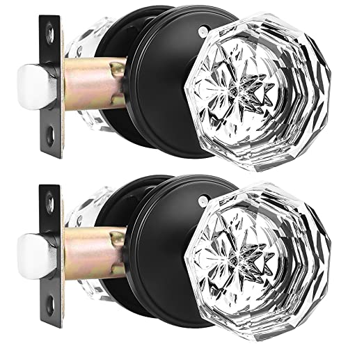 Orger 2 Pack Glass Door Knobs with Flat Black Rosette, Bath/Bed Door Knobs for Privacy Use, Keyless Interior Door Handles with Diamond Shape Crystal Glass and Zinc Alloy Base - Image 1