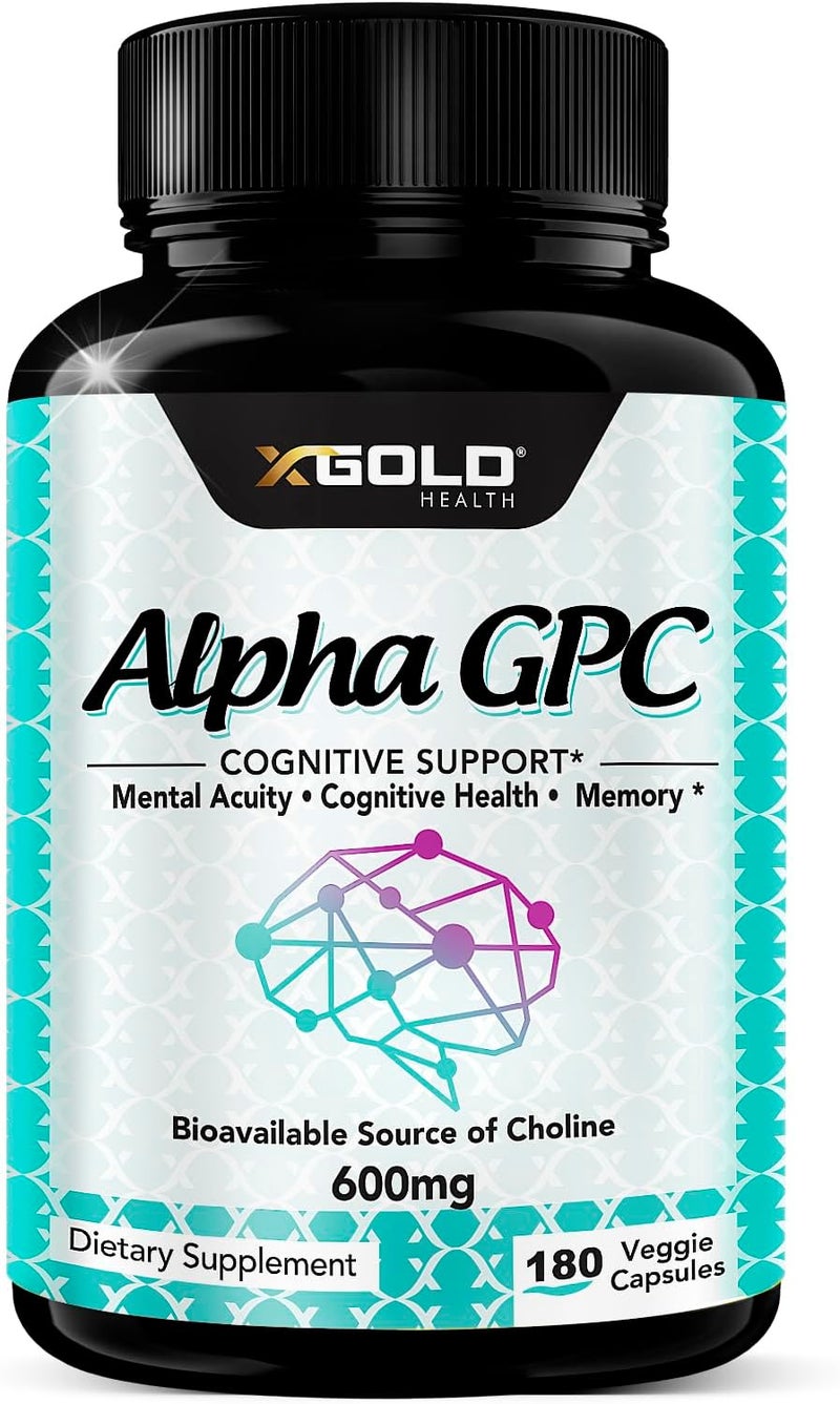 X Gold Health Alpha GPC Choline Supplement 600mg 99 Highly Purified Highly Bioavailable Source of Choline180 Veggie Capsules Cognitive Enhancer Nootropic Supports Memory  Brain Function Boosts Focus  Mood - Image 1