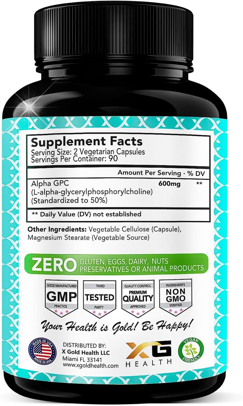 X Gold Health Alpha GPC Choline Supplement 600mg 99 Highly Purified Highly Bioavailable Source of Choline180 Veggie Capsules Cognitive Enhancer Nootropic Supports Memory  Brain Function Boosts Focus  Mood - Image 2