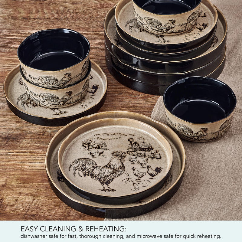 Pfaltzgraff Farmyard Rooster 12 Piece Farmhouse Style Dinnerware Set, Service for 4, Plate Bowl with High Rims, Rustic Design, Brown Black - Image 5