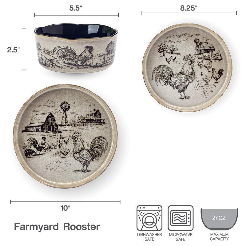 Pfaltzgraff Farmyard Rooster 12 Piece Farmhouse Style Dinnerware Set, Service for 4, Plate Bowl with High Rims, Rustic Design, Brown Black - Image 4