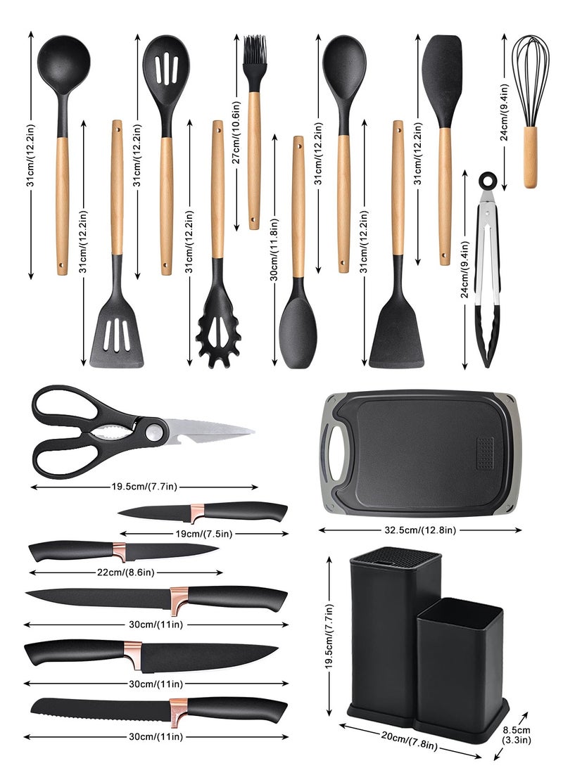 HomarKet Cooking Utensils Set,19 Kitchen Set Utensils Set with 11 Pieces Spatula Cooking Utensils,Heat Resistant Silicone Utensils 6 Piece Sharp Knife Set 2 Pieces Utensil Cutting Board (Black 19 PCS Set) - Image 3