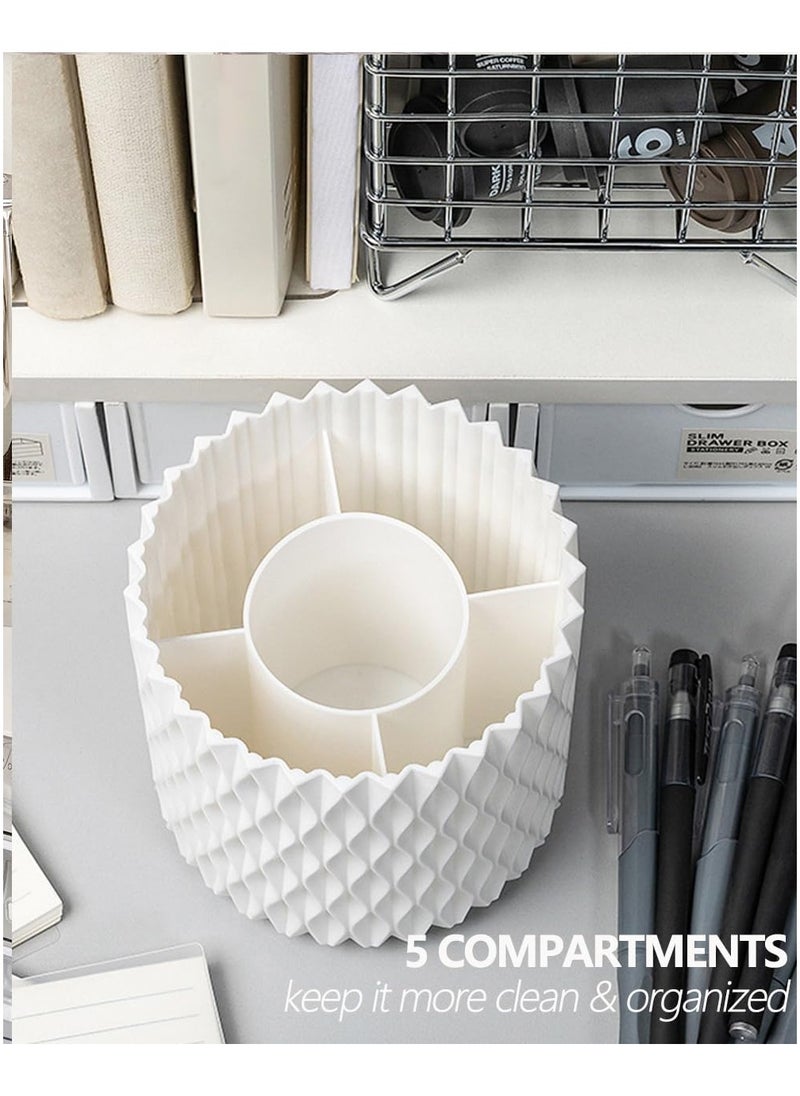 Rotating Pen Pencil Holder for Desk, 5 Slots Unique White Desk Pen Organizer Easthetic Desktop Supplies and Accessories for Women Girls, Pen Cup Pencil Caddy for Office Home Art Supply, White