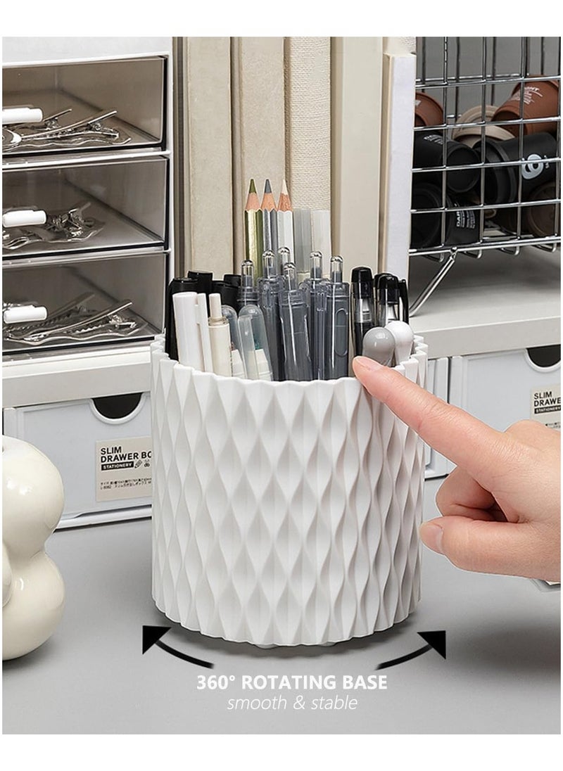 Rotating Pen Pencil Holder for Desk, 5 Slots Unique White Desk Pen Organizer Easthetic Desktop Supplies and Accessories for Women Girls, Pen Cup Pencil Caddy for Office Home Art Supply, White