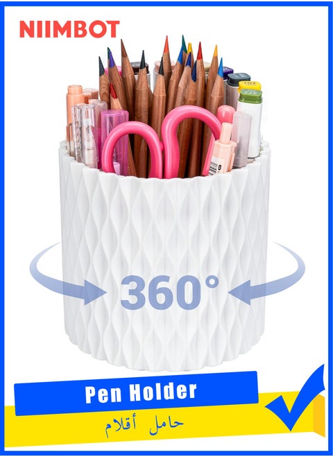 Rotating Pen Pencil Holder for Desk, 5 Slots Unique White Desk Pen Organizer Easthetic Desktop Supplies and Accessories for Women Girls, Pen Cup Pencil Caddy for Office Home Art Supply, White